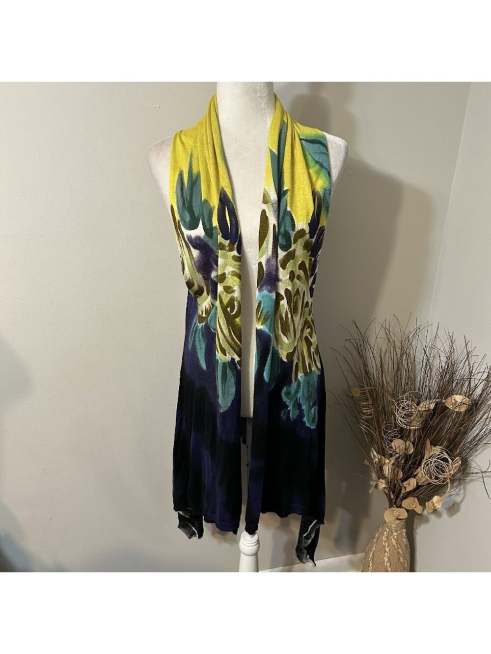 Calesas Knit Duster Cardigan Art To Wear Floral Drape Open Front Multicolor Sz M